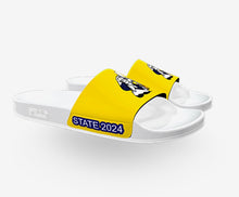 Load image into Gallery viewer, GZ WHITE-GOLD/ NAVY STATE CHAMP SLIDES