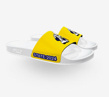 Load image into Gallery viewer, GZ WHITE-GOLD/ NAVY STATE CHAMP YOUTH SLIDES